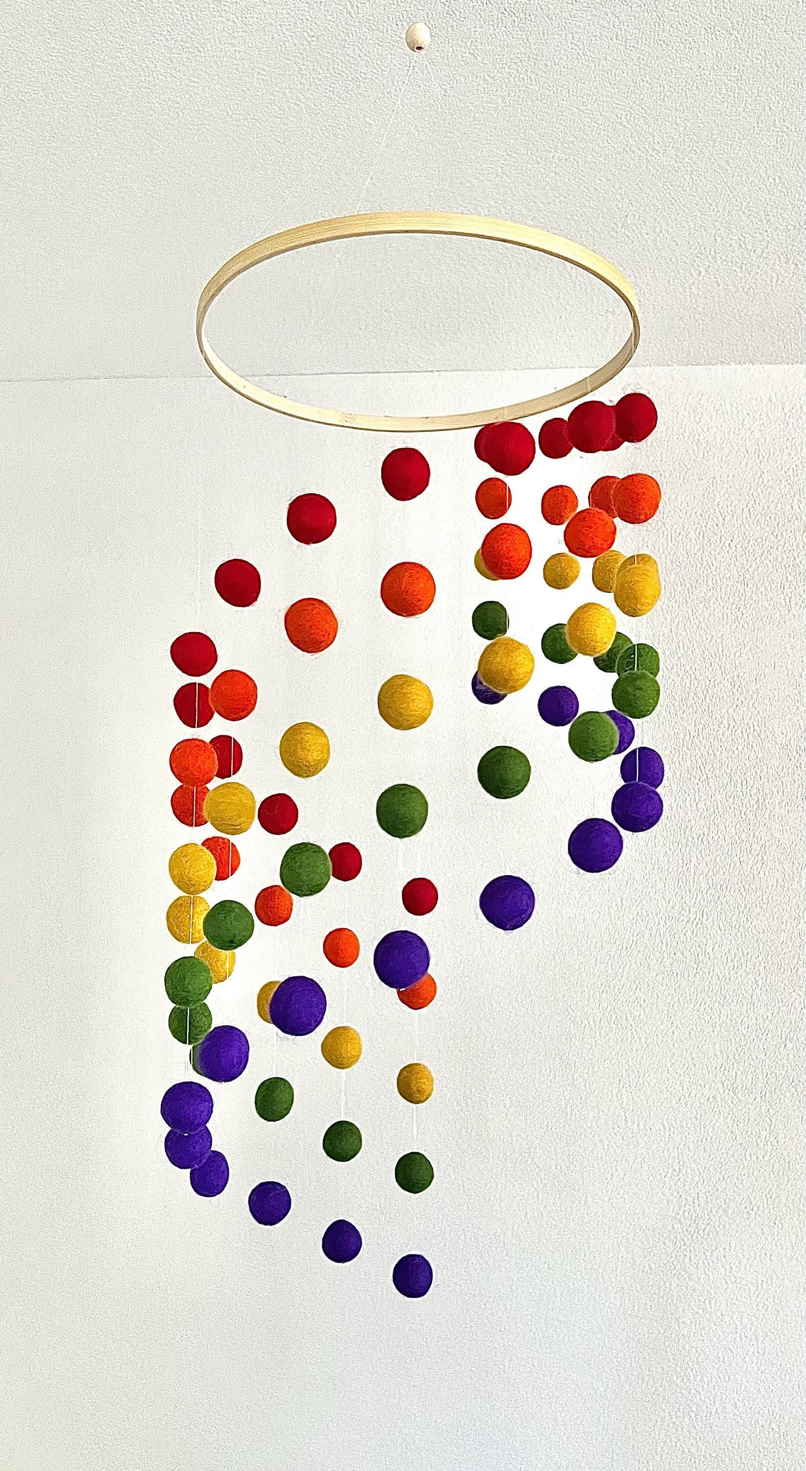 Rainbow felt wool ball mobile, pom pom mobile, felt pom pom mobile, felt ball mobile, minimalist mobile, boho nursery decor