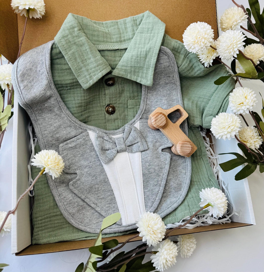Baby Boy Gift Box – Green Button-Up Outfit, Tuxedo Bib & Wooden Toy – Newborn Shower Present