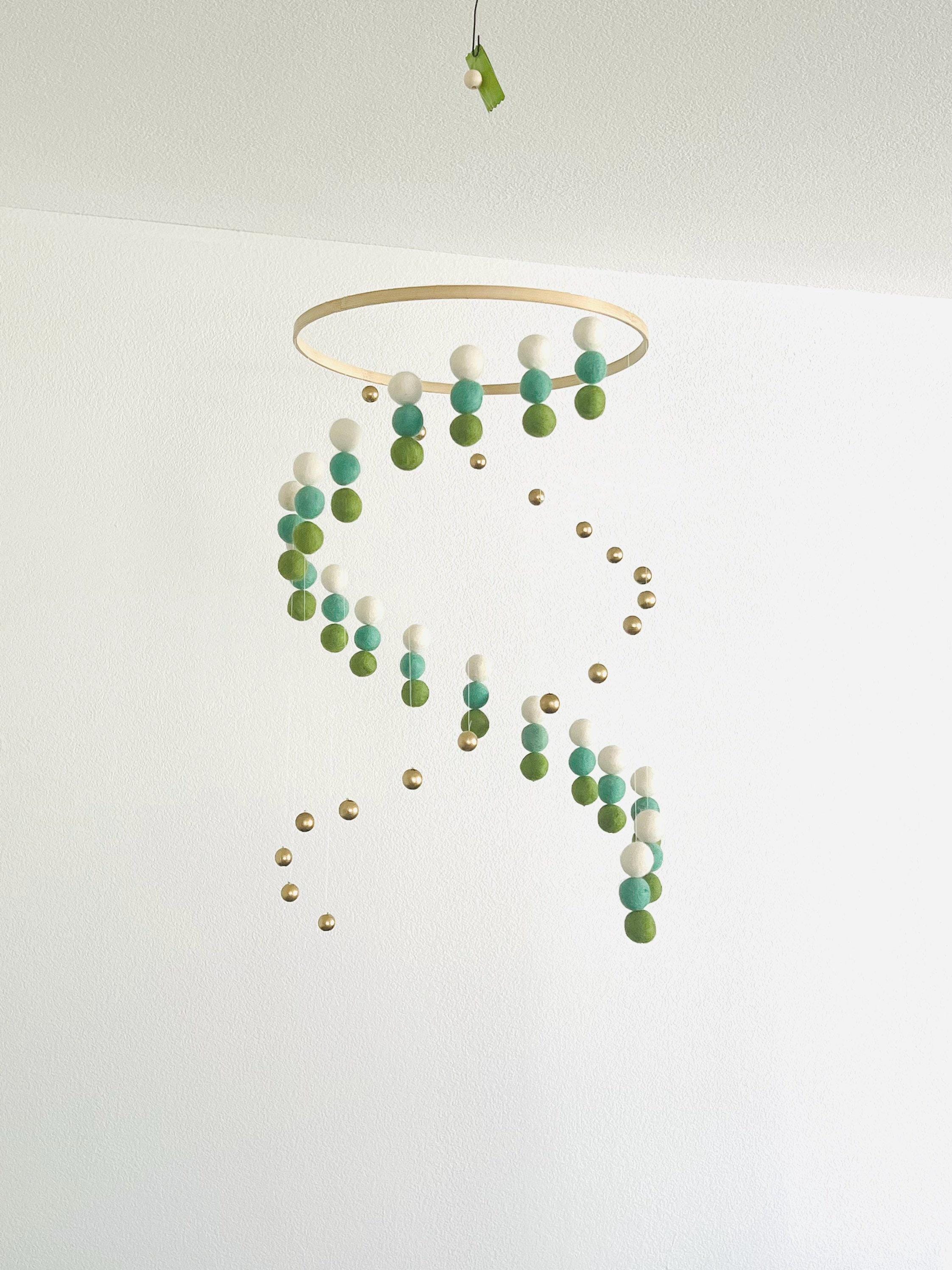 Gold silver balls and felt wool balls mobile, neutral felt pom pom mobile, felt ball mobile, minimalist mobile, boho nursery decor