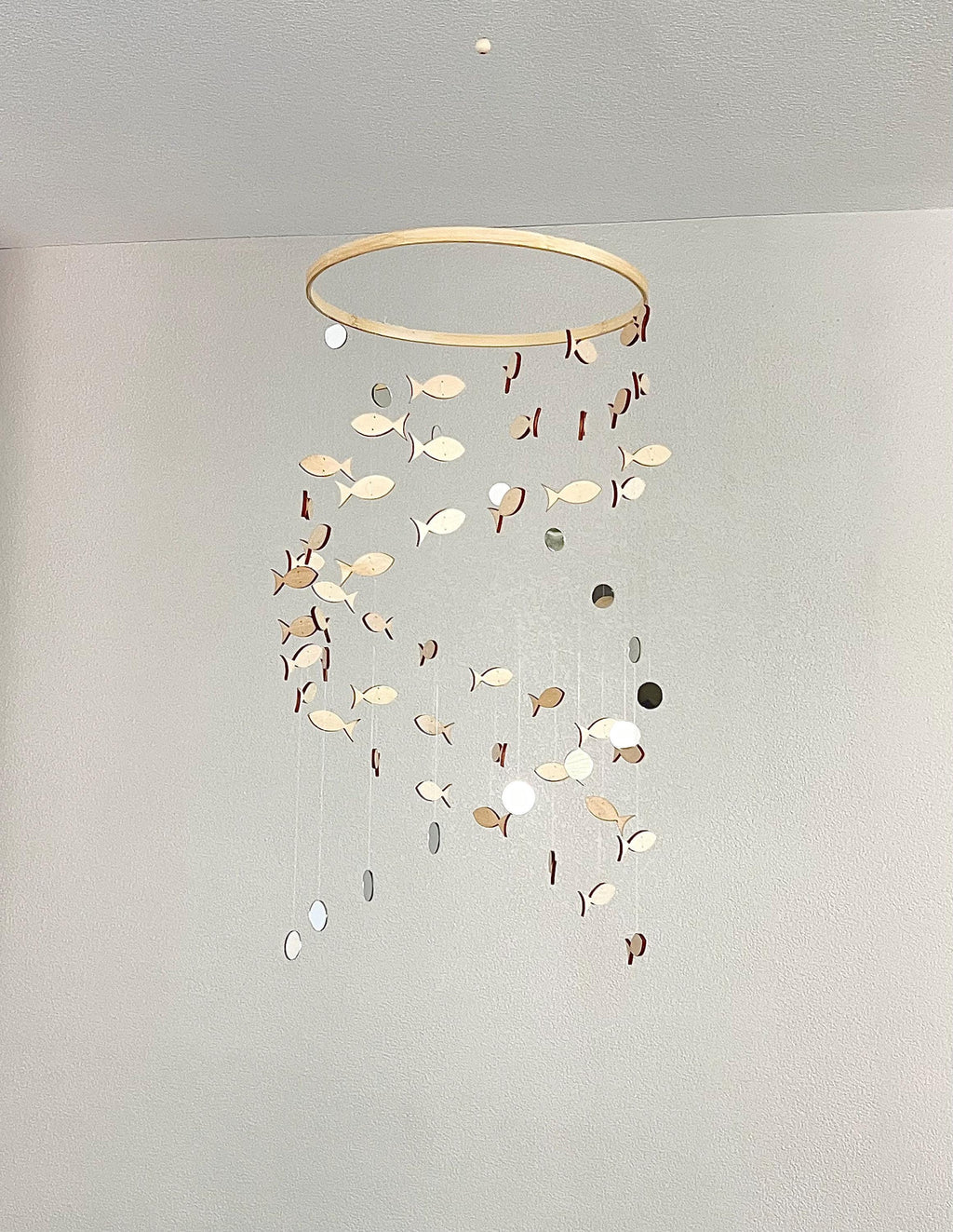 Wood fish and mirrors baby mobile , marine boho nursery night mobile, fishing kids mobile, minimalist mobile, fisherman neutral mobil
