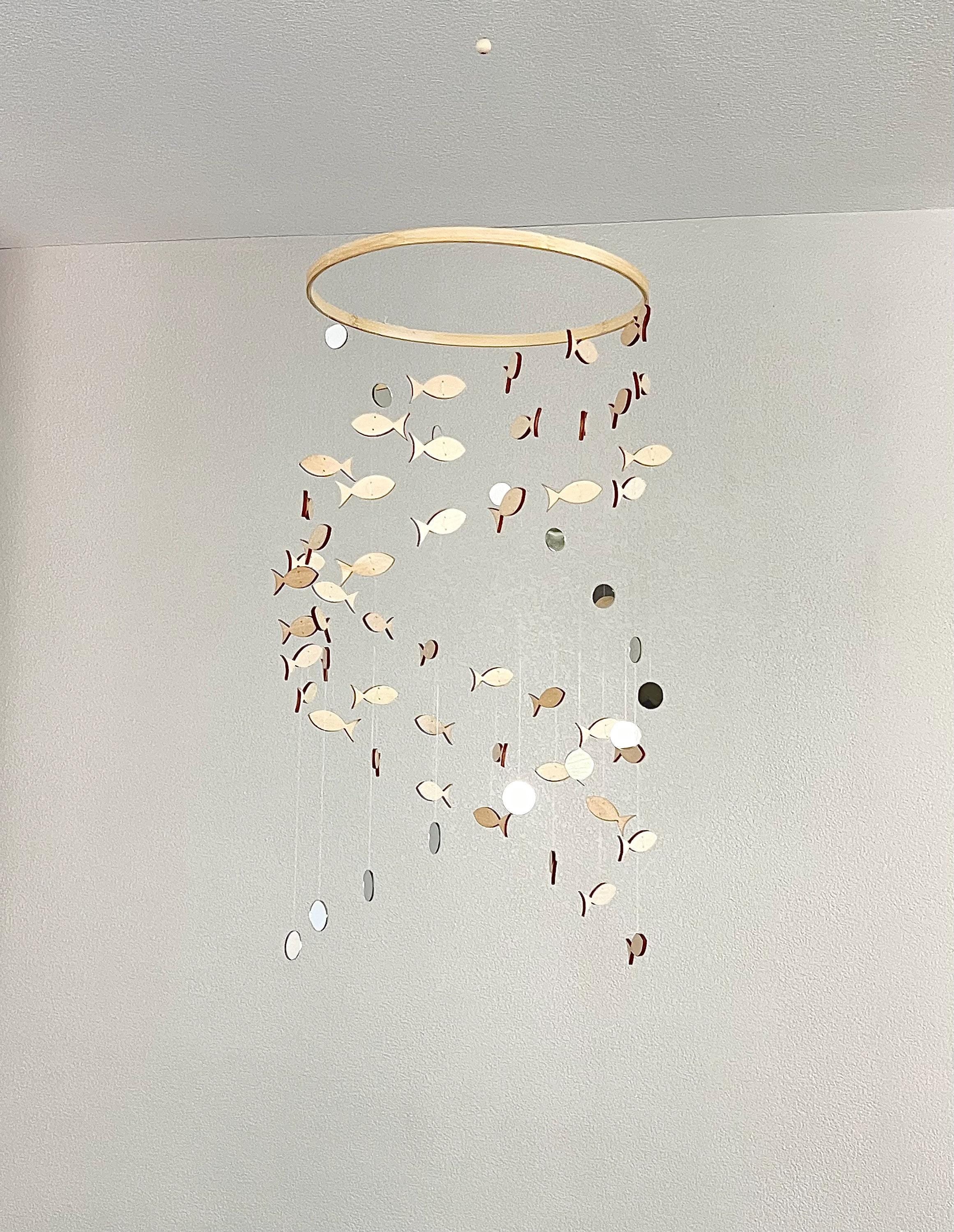 Wood fish and mirrors baby mobile , marine boho nursery night mobile, fishing kids mobile, minimalist mobile, fisherman neutral mobil
