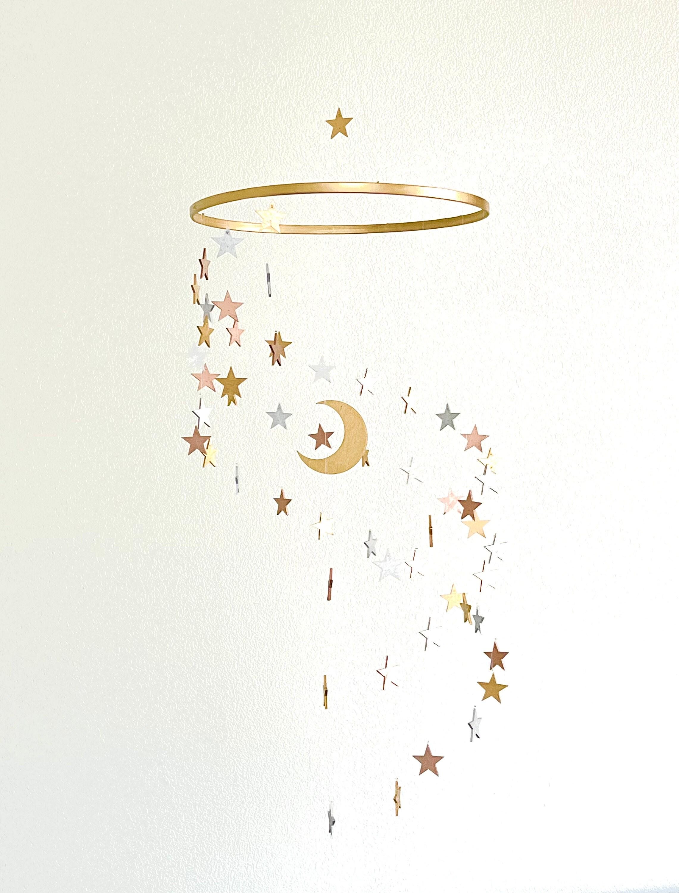 Multicolor wood stars and moon baby mobile, stars and moon mobile nursery, night baby mobile, minimalist mobile, gender neutral mobile