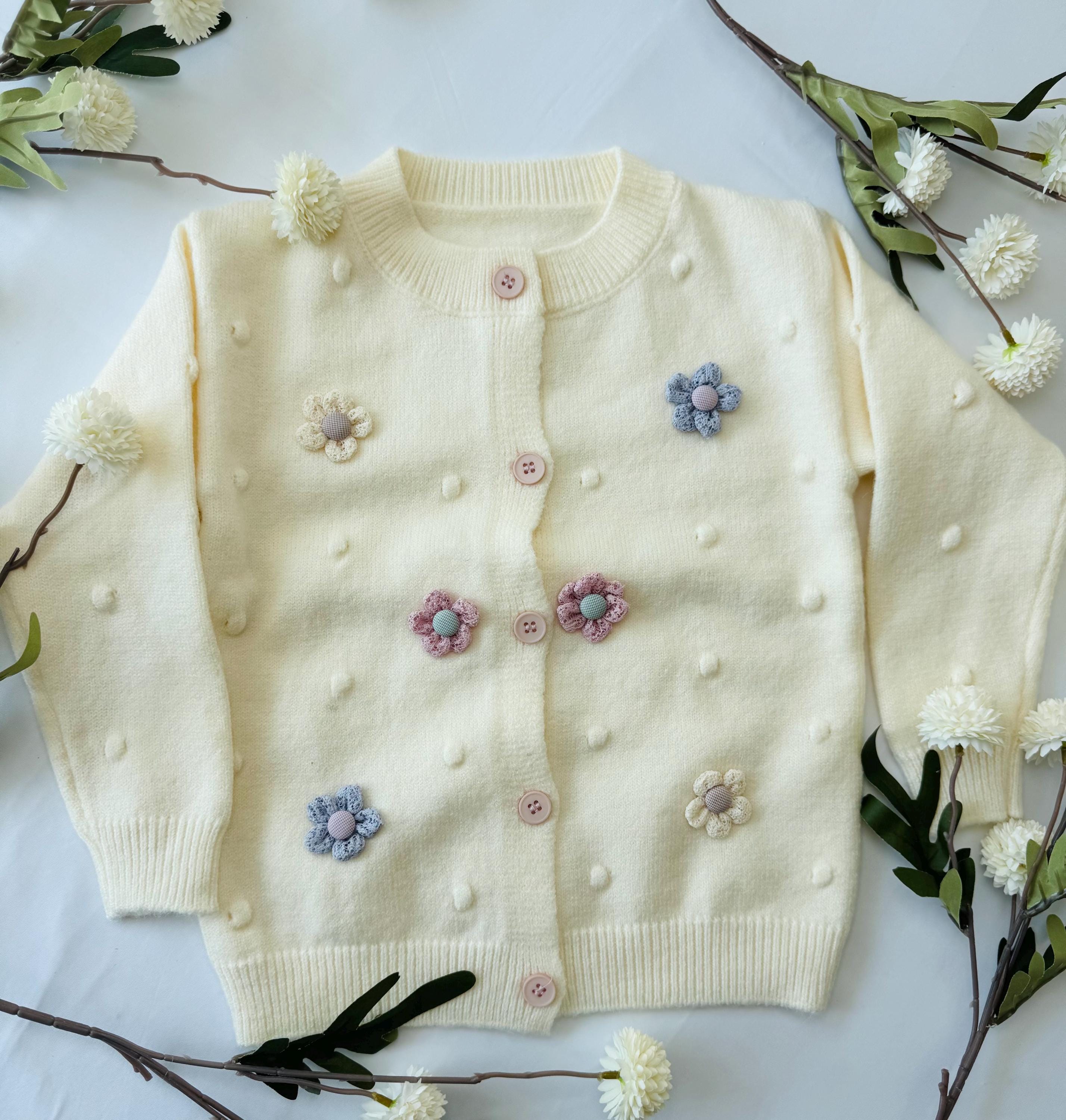 Baby Gift Box – Ivory Knit Cardigan with Daisies, Headbands & Bib | Baby Shower Gift |  Outfit Set | Coming Home Gift| 9 month