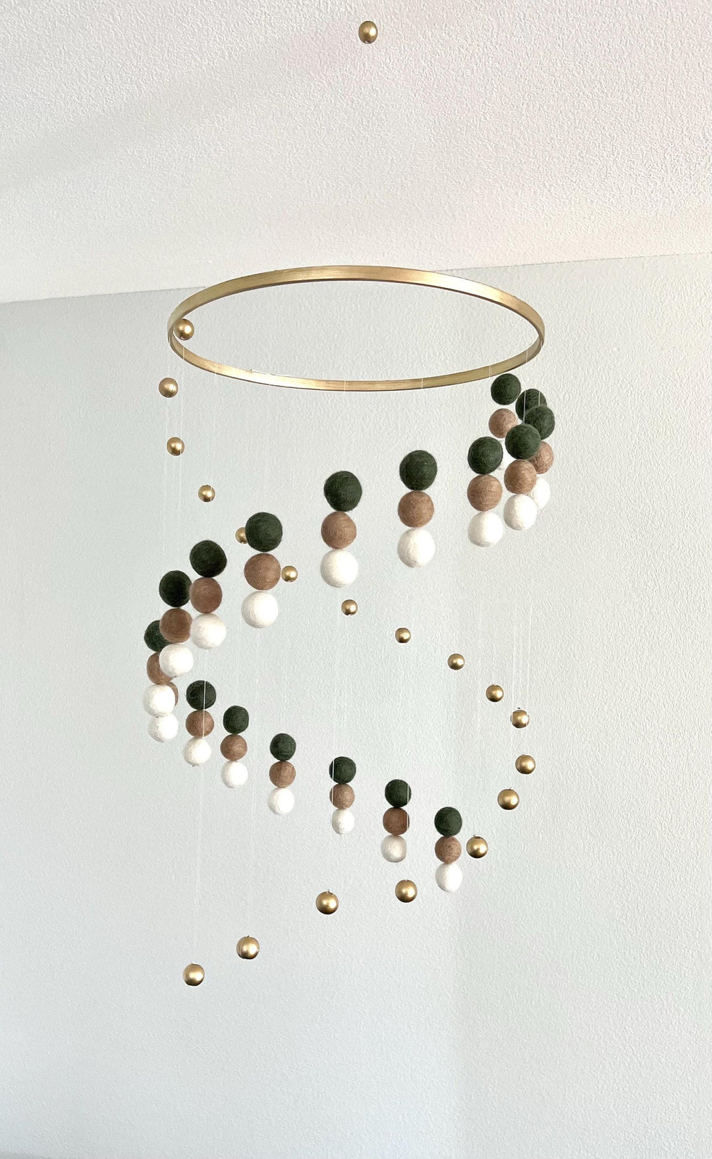 Gold balls and felt wool ball mobile, pom pom mobile, felt pom pom mobile, spinning mobile, minimalist mobile, boho nursery decor