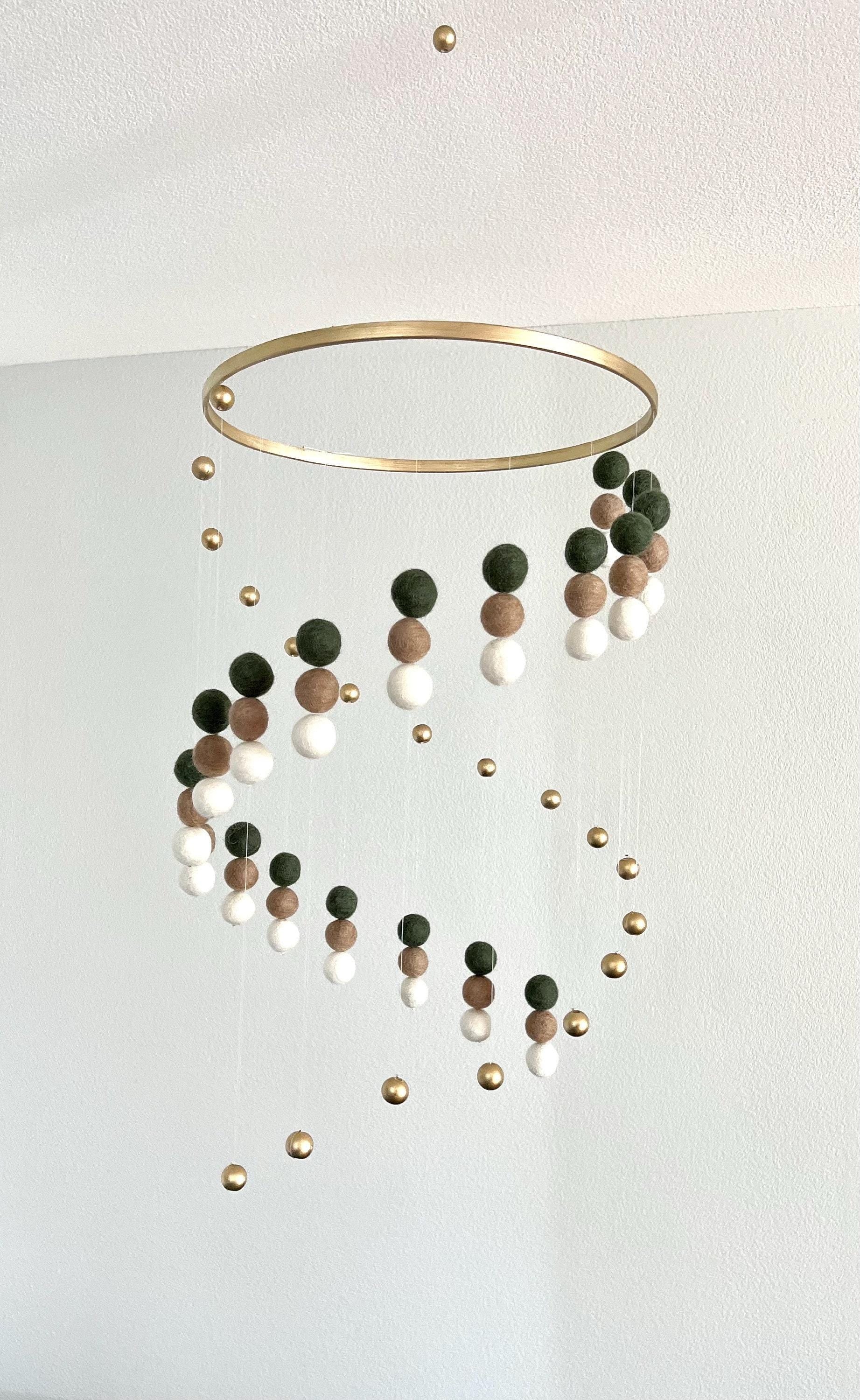 Gold balls and felt wool ball mobile, pom pom mobile, felt pom pom mobile, spinning mobile, minimalist mobile, boho nursery decor