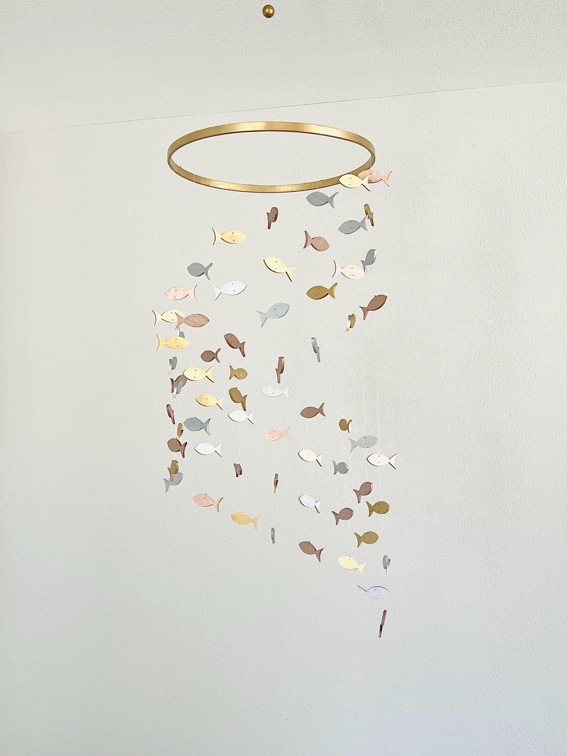 Multicolor fishing baby mobile, marine crib mobile nursery gold silver rose gold wood fish kids mobile toddler minimalist boho mobile
